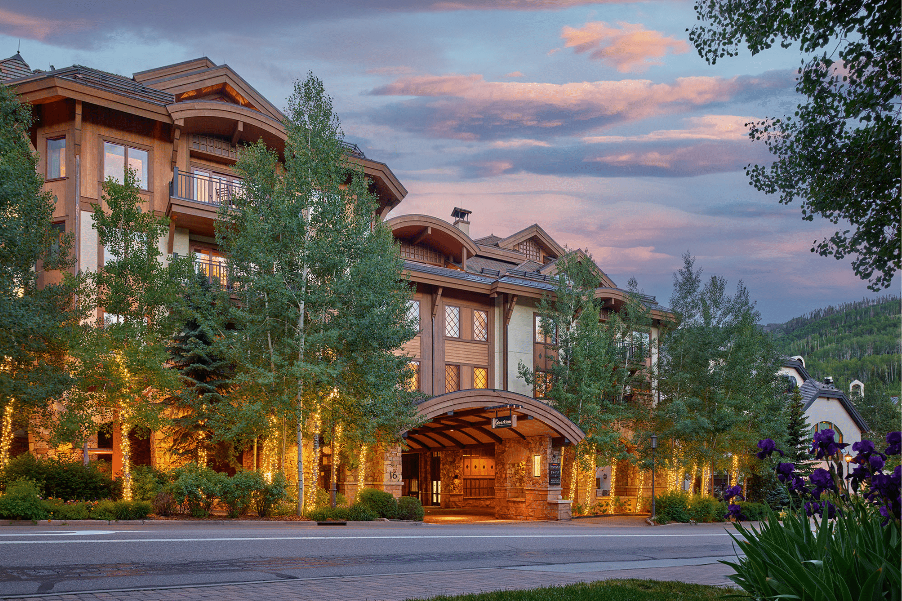 The Sebastian hotel in Vail, Colorado at sunset