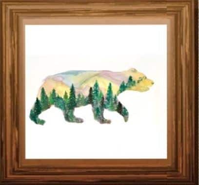 A painting of a bear in a wooden frame.