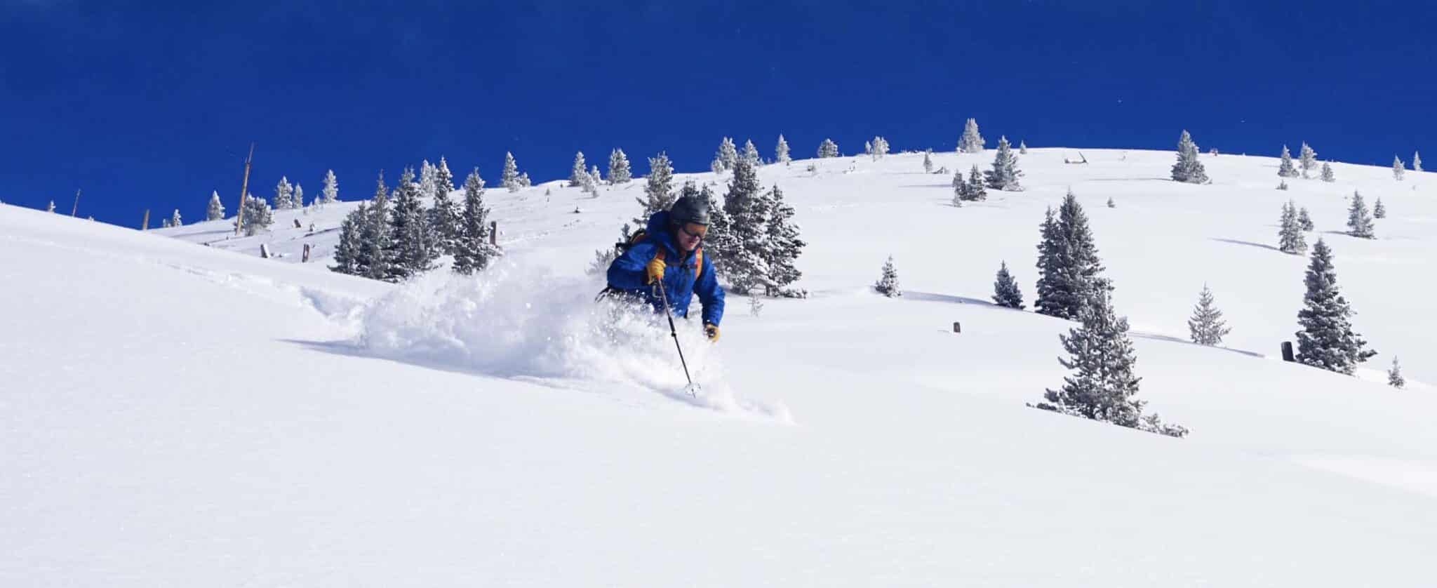 A person skiing down a snowy slope with trees in the background.