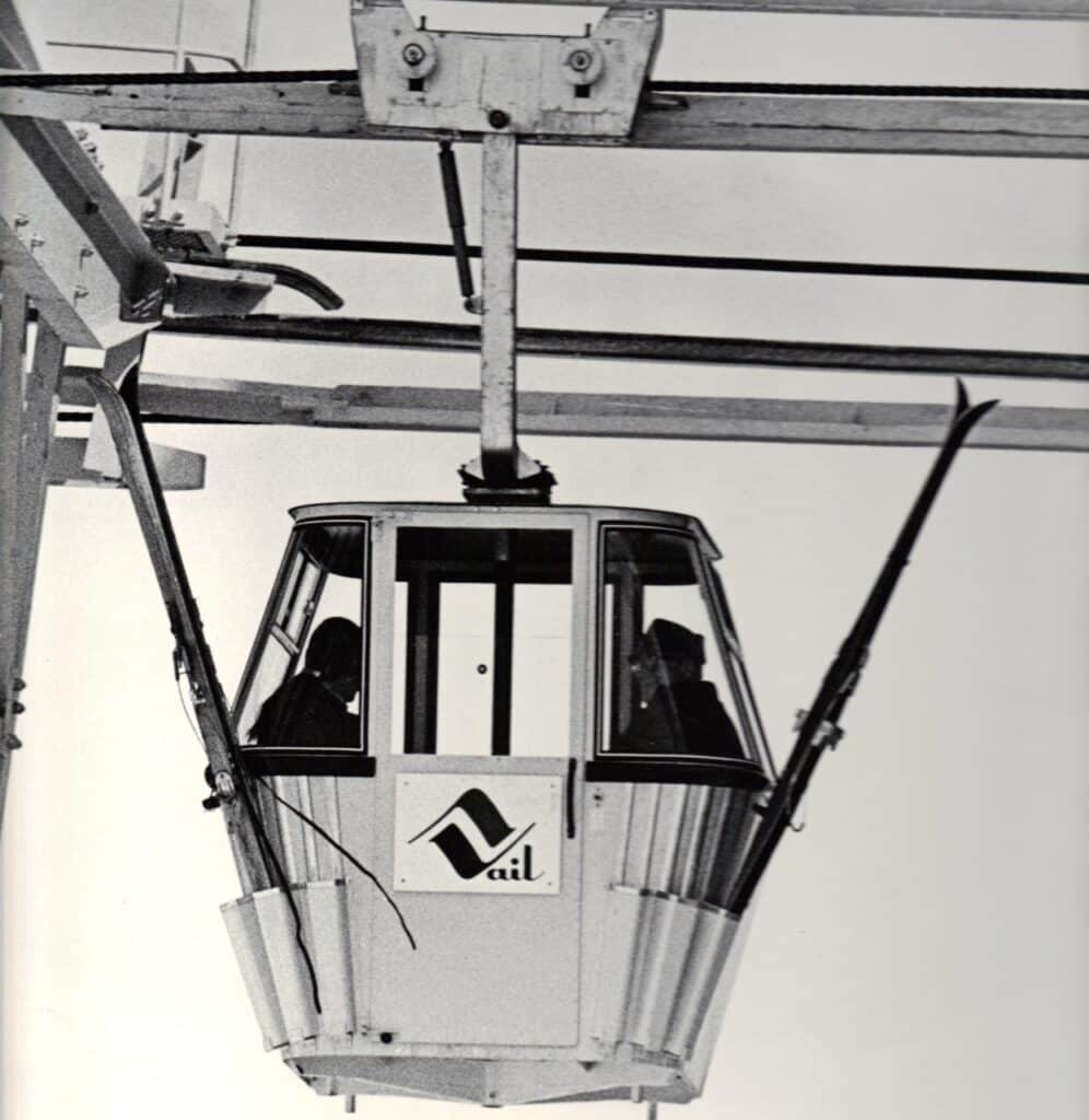 Black and white photo of gondola in Vail