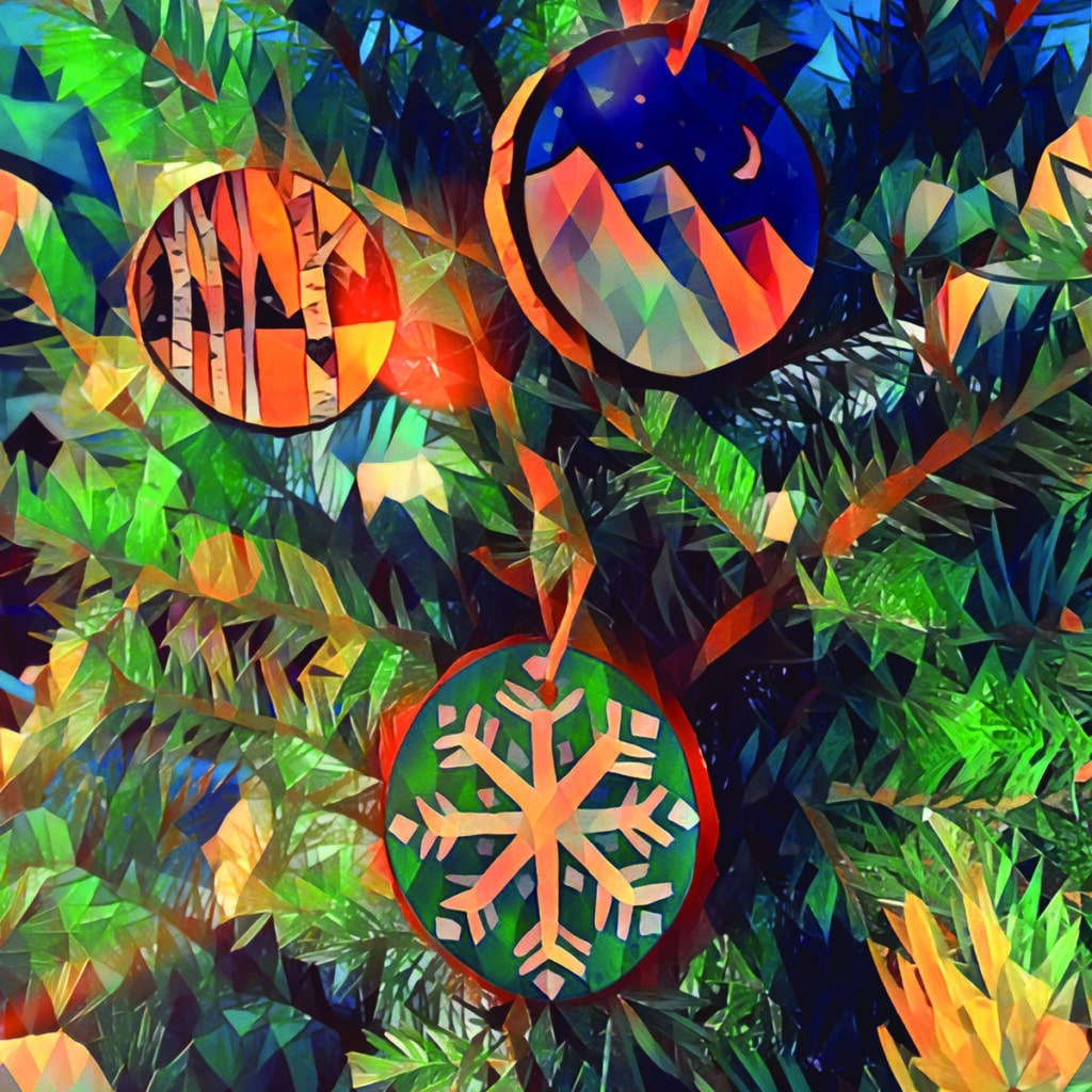 Three ornaments hanging on a christmas tree.