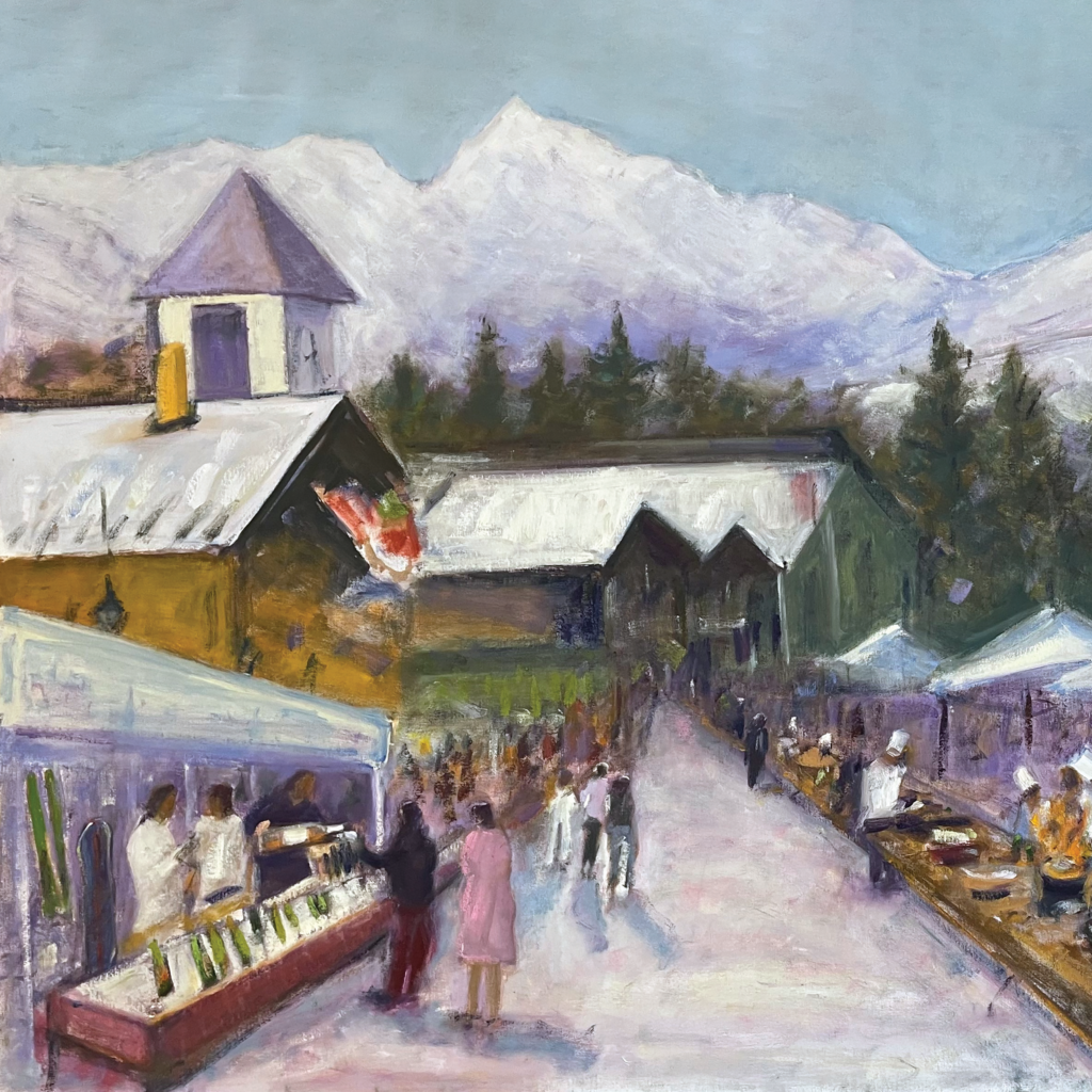 watercolor of streets of vail lined with vendors