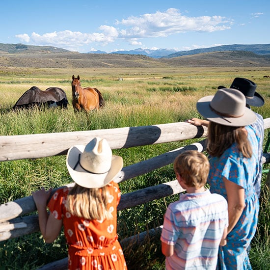 View from behind of a family of two adults and two children wearing cowboy hats and looking through a wood fence at a pasture with two horses in it, at 4 Eagle Ranch in Vail, Colorado.
