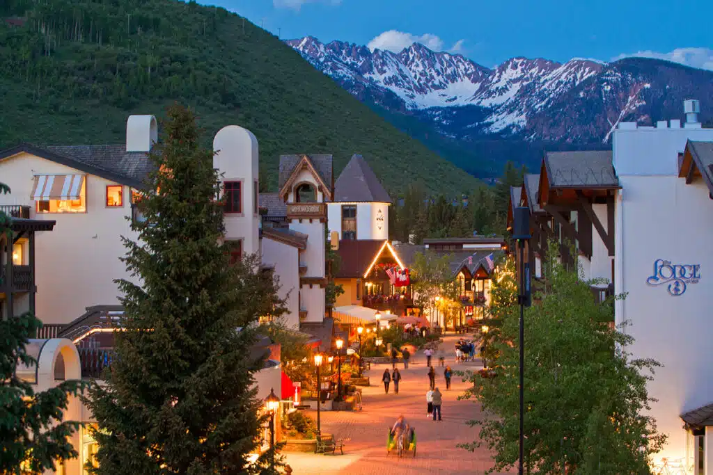 Vail Village overview with clock tower and Gore Range in background