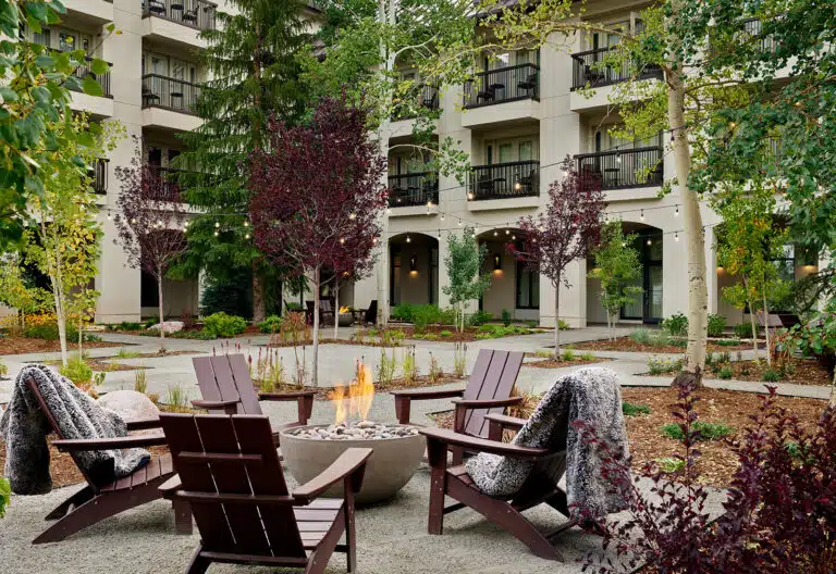 A lit fire pit outside of a hotel in Vail, Colorado