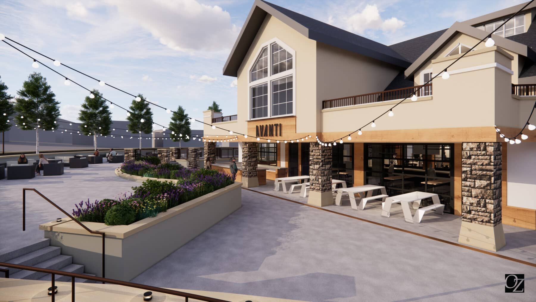 Exterior rendering of the new Avanti Food & Beverage at Golden Peak