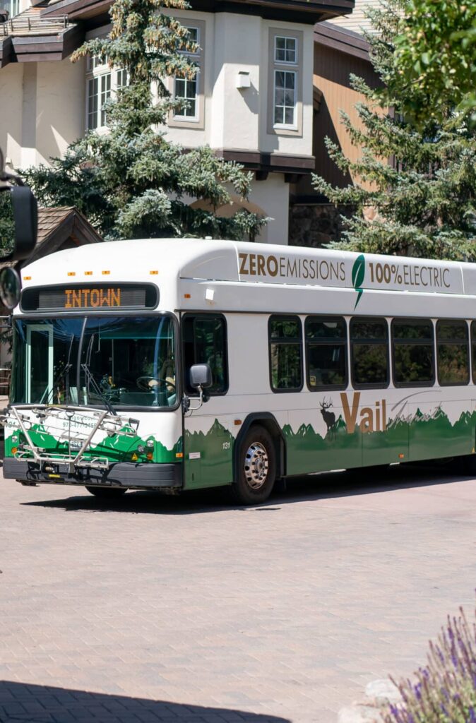 The white and green exterior of an in-town bus facing left with trees and a building behind it.