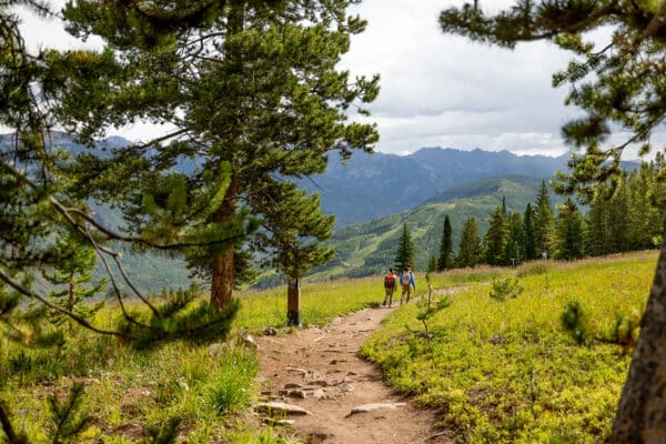 Two people are hiking towards a stunning view of the mountains surrounding Vail, Colorado.