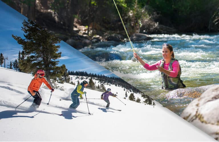 Two images split diagonally showing different activities for warm and cold seasons. The bottom left portion shows a group of three skiers going down a mountain and the top right shows a woman up to her waste fly fishing in a rushing river.