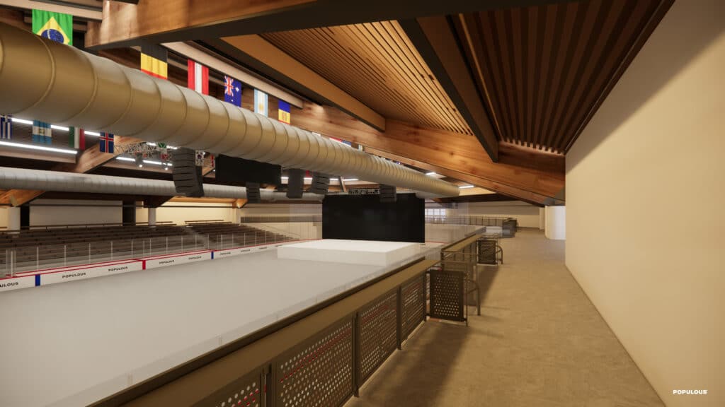 A rendering of the view down the concourse walkway inside Dobson Arena. The floor level is set up for hockey.