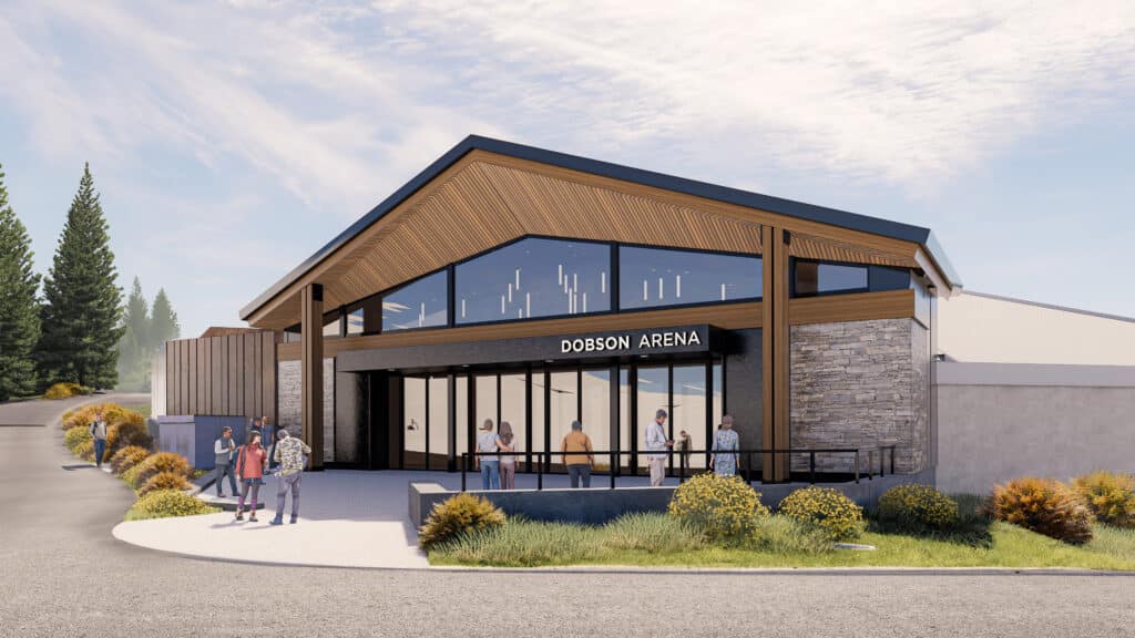 A rendering of the West entrance to Dobson Arena viewed from a lower right perspective. The rendering shows a sunny day and visitors gathered outside the entry way.