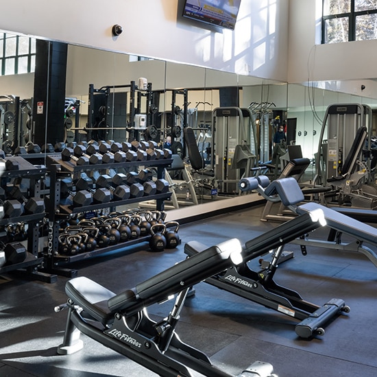 Weights and machines at the Gravity Haus Gym in Vail, Colorado.