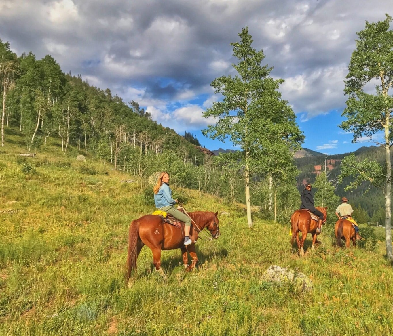Three people ride chocolate-colored horses through a grassy field surrounded by trees in Vail, Colorado.